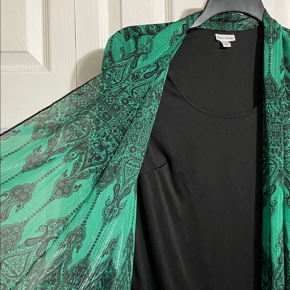 Rebecca Malone green & black festive blouse size LARGE - Picture 3 of 13